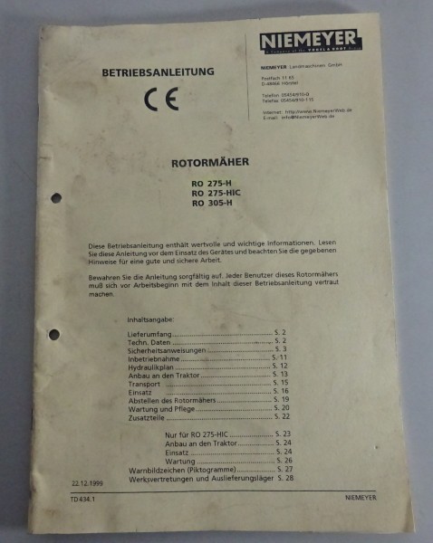 Betriebsanleitung / Handbuch Niemeyer Rotormäher RO 275-H / -HIC / 305-H 12/1999