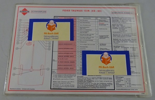 Gasolin Schmierplan für Ford Taunus 12M Weltkugel ab Baujahr 1952 Stand 03/1963