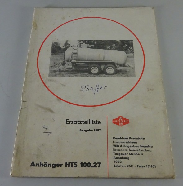 Teilekatalog VEB Kombinat Fortschritt Anhänger HTS 100.27 Stand 1987