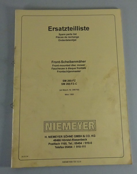 Teilekatalog / Spare Parts List Niemeyer Scheibenmäher SM 260 FZ / -C ab 03/1993