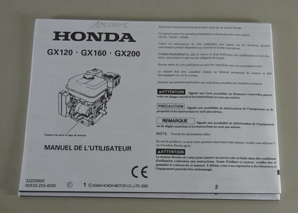 Manuel de L'utilisateur Honda Generator GX120 GX160 GX200 Stand 2002