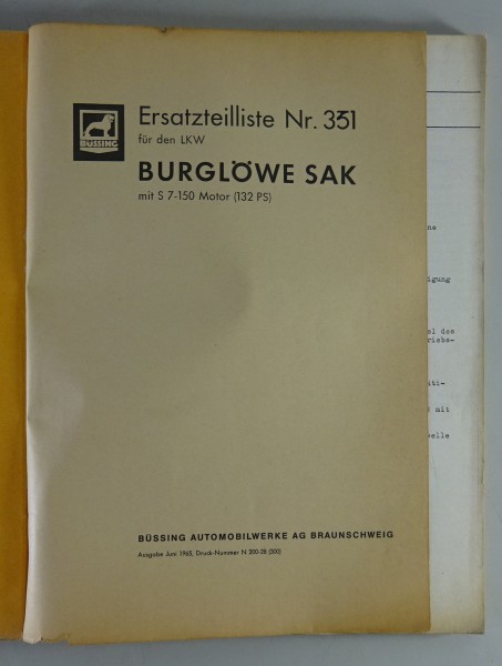 Teilekatalog / Ersatzteilliste Büssing Burglöwe SAK Stand 1965