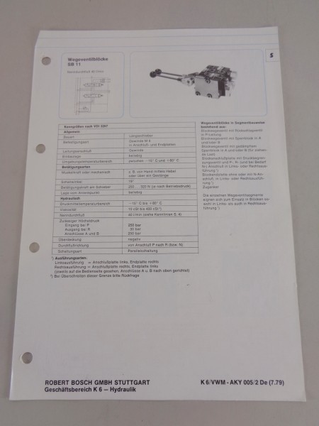 Technische Information / Kenngrößen Bosch Wegenventilblöcke SB 11 von 07/1979