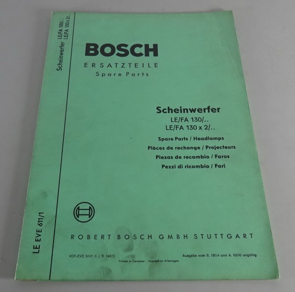 Teilekatalog Bosch Scheinwerfer LE/FA 130/.. & 130x2/.. Stand 08/1963