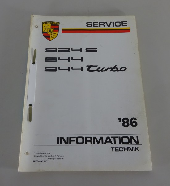 Technische Information Porsche 924 S + 944 Turbo Modelljahr 1986 Stand 08/1985