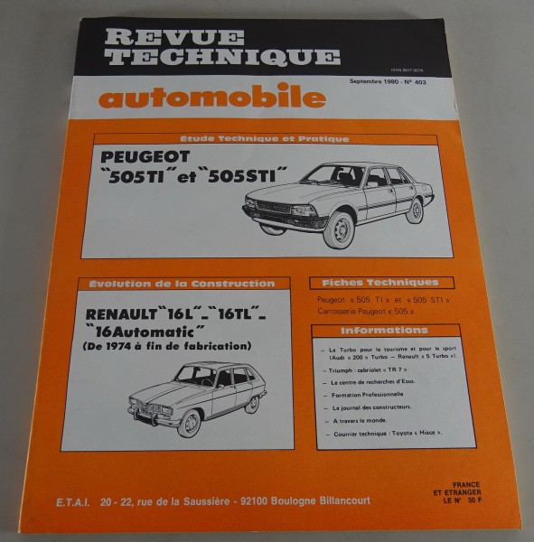 Reparaturanleitung Revue Technique Peugeot 505TI / Renault R16 Stand 09/1980