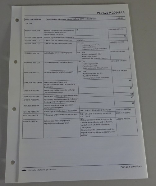 Schaltplan Mercedes-Benz W204 Sitzverstellung (ESV) vollelektrisch Typ 204 12/10