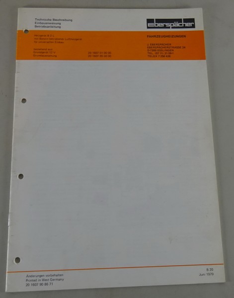 Technische Beschreibung/Einbauanweisung Eberspächer Heizgerät B2L Stand 06/1979
