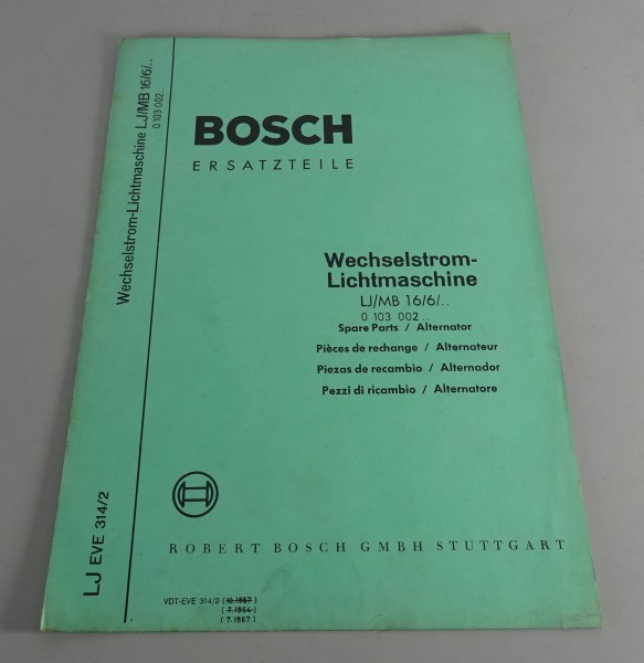 Teilekatalog Bosch Wechselstrom-Lichtmaschinen LJ/MB 16/6/.. von 07/1967