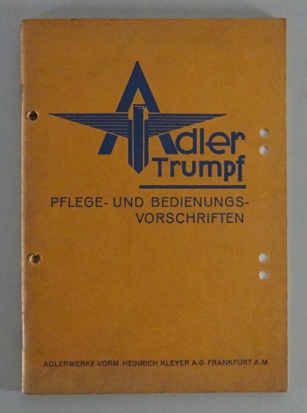 Betriebsanleitung / Handbuch Adler Trumpf AV 1,5 Liter von 02/1933