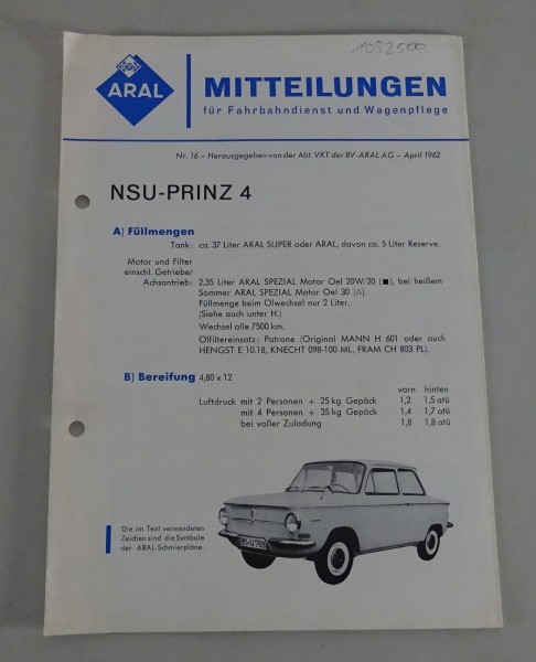 Service Mitteilung Aral NSU Prinz 4 Stand 05/1962