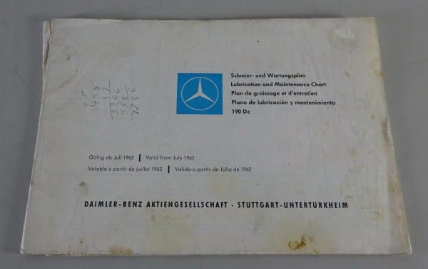 Schmierplan / Wartungsplan Mercedes-Benz W110 190 Dc Stand 07/1962