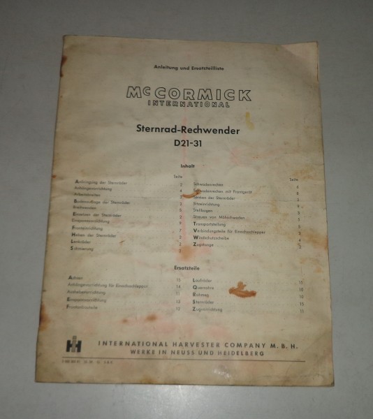 Betriebsanleitung / Teilekatalog IH McCormick Sternrad-Rechwender D21-31 - 1959