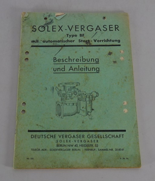 Handbuch Solex Vergaser Typ BF mit automatischer Start-Vorrichtung Stand 1939