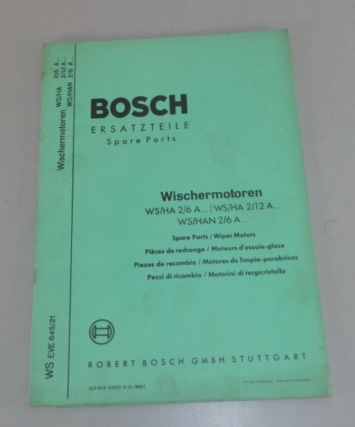 Teilekatalog Bosch Wischermotoren WS/HA 2/6 A 2, 2/12 A 8, WS/HAN 2/6 A 1 5/1965