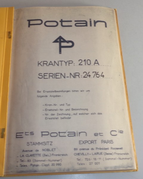 Teilekatalog / Liste des pièces détachées Potain 210 A Kran / grue Stand 03/1968