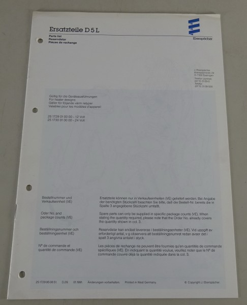 Teilekatalog / Ersatzteilliste Eberspächer Standheizung D5L Stand 01/1991