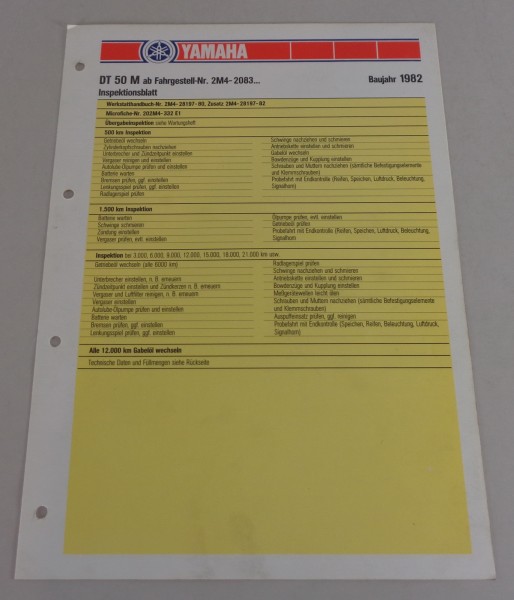 Inspektionsblatt Yamaha DT 50 M Typ 2M4 Baujahr 1982