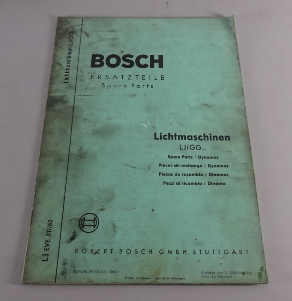 Teilekatalog Bosch Lichtmaschinen LJ/GG Stand 04/1960