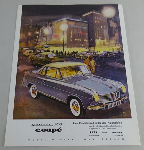 Prospekt / Werbeplakat Goliath 1100 Coupé 4 Zylinder 55 PS