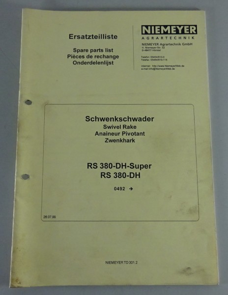 Teilekatalog / Spare Parts Niemeyer Schwenkschwader RS 380-DH / -Super ab 4/1992