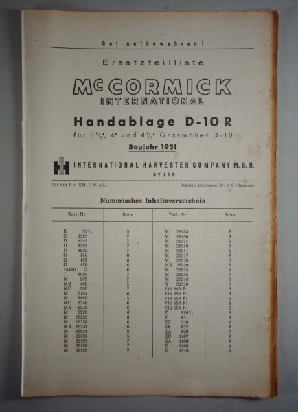 Teilekatalog McCormick International Handblage D-10 R Baujahr 1951