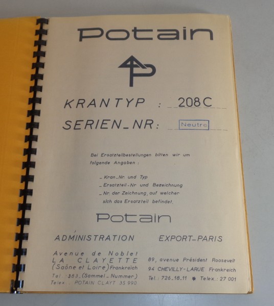 Betriebsanleitung / Mode d'emploi Potain Kran 208 C von 01/1970