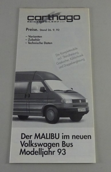 Preisliste VW T4 Carthago Malibu - Varianten, Zubehör, Technische Daten von 1992