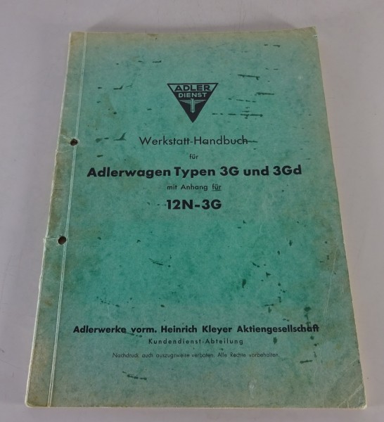 Werkstatthandbuch Adler Diplomat 3G / 3Gd + 12N-3G Stand 1934 - 1935 - original