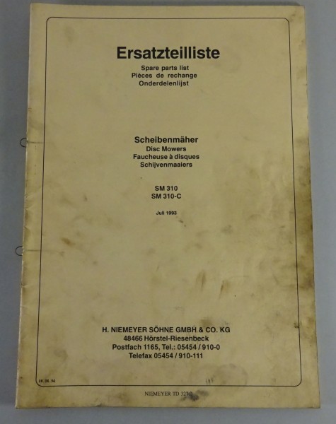 Teilekatalog / Spare Parts List Niemeyer Scheibenmäher SM 310 / -C ab 07/1993