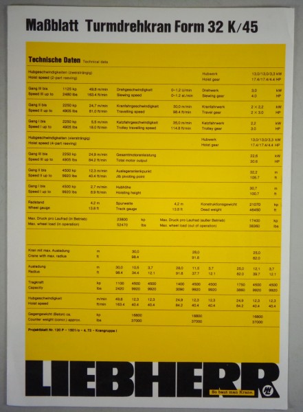 Datenblatt / Data sheet Liebherr Turmdrehkran Form 32 K/ 45 K Stand 04/1973