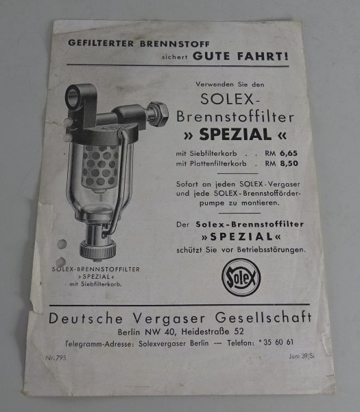 Prospekt / Prospektblatt Solex Brennstoffilter Spezial Stand 06/1939