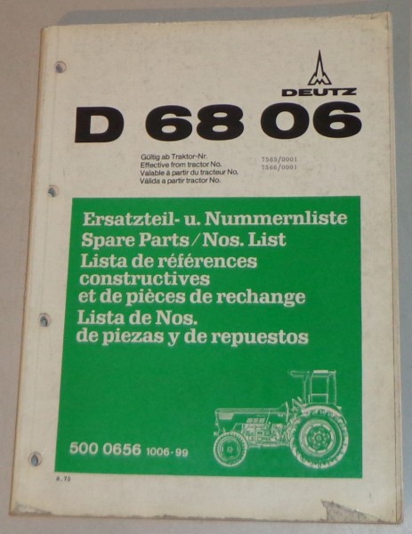 Teilekatalog / Spare Parts List Deutz Traktor D 68 06 von 08/1975