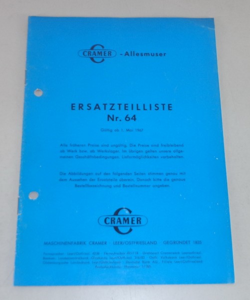 Teilekatalog Cramer Allesmuser Modell A / B / E von 05/1967