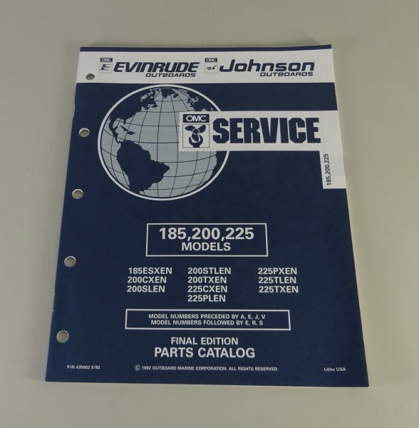Teilekatalog OMC Evinrude / Johnson 185 / 200 / 225 PS Models Stand 05/1992