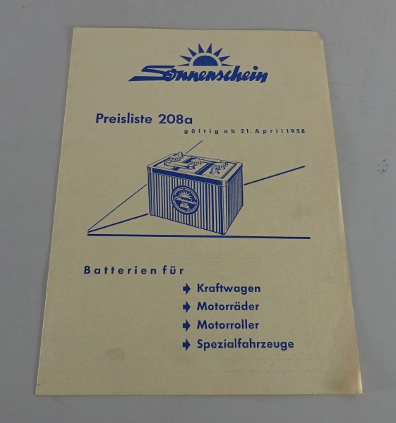 Prospekt / Broschüre Sonnenschein Kfz-Batterien Stand 04/1958