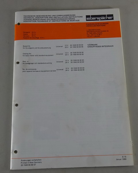 Technische Beschreibung /Einbauanweisung Eberspächer Heizgerät B4L Stand 01/1980