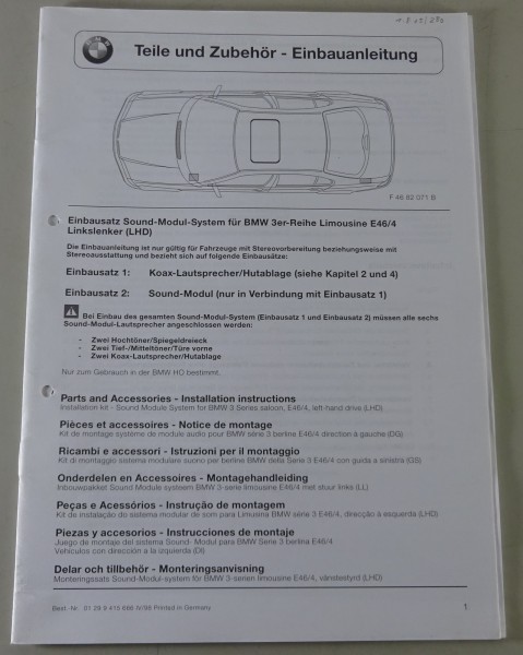 Einbauanleitung BMW 3er E46 Limousine Einbausatz Sound-Modul-System Stand 4/1998