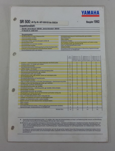 Inspektionsblatt Yamaha SR 500 Typ 48T Baujahr 1992