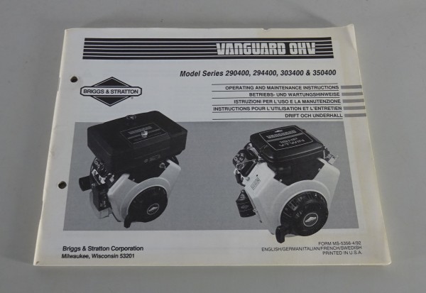 Betriebsanleitung / Handbuch Briggs & Stratton Motoren Stand 04/1992