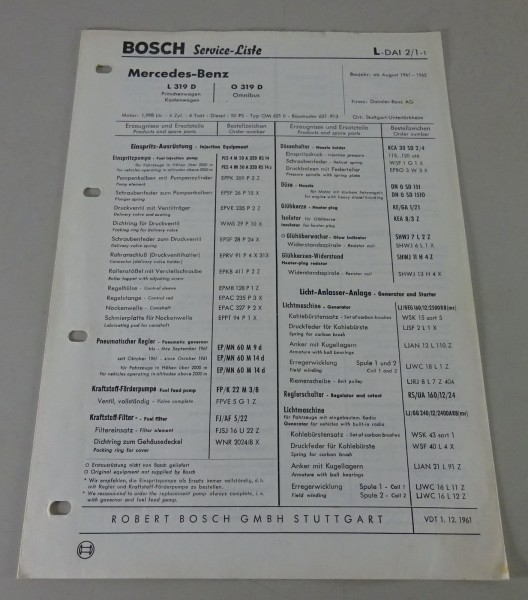 Teilekatalog Bosch-Komponenten für Mercedes-Benz L 319 D / O 319 D Stand 06/1962