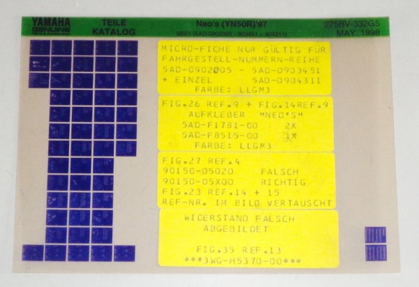 Microfich Parts Catalogue / Ersatzteilkatalog Yamaha Neos YN 50 R 97 Stand 05/98