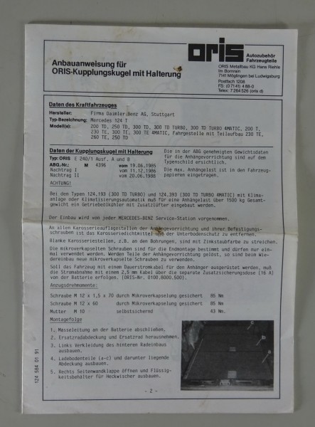 Anbauanleitung Oris Anhängerkupplung für Mercedes-Benz S124 Stand 06/1988