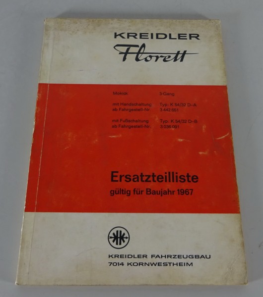 Teilekatalog / Ersatzteilliste Kreidler Florett Mokick 3 Gang K54/32 D-A Bj 1967