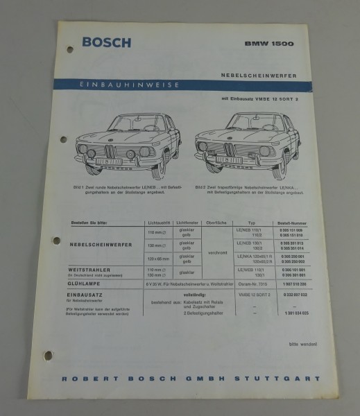 Einbauanleitung Bosch Nebelscheinwerfer für BMW 1500 Neue Klasse E115 von 4/1963