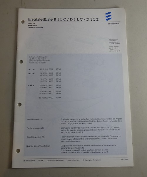 Teilekatalog/Ersatzteilliste Eberspächer Heizgeräte B1LC / D1LC / D1LE von 12/97