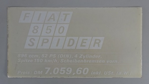 Preisaufkleber Fiat Händler für Fiat 850 Spider Stand ca. 1968