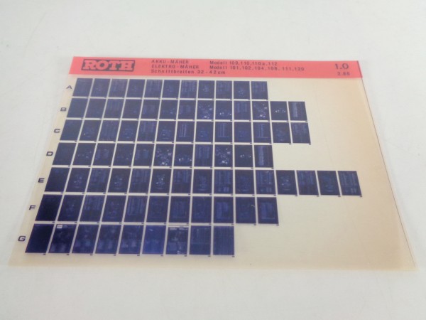 Microfich Teilekatalog Roth Elektromäher 101 - 120 & Akkumäher 109 - 112 02/1986