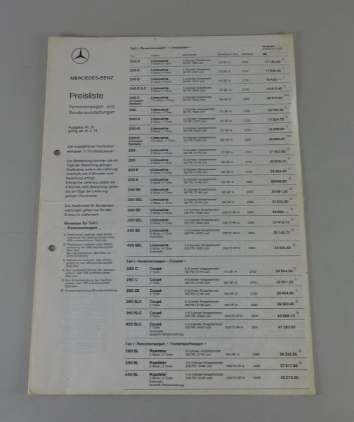 Preisliste Mercedes-Benz 114, 115, 116, 107 - PKW + Sonderausstattungen '02/1975