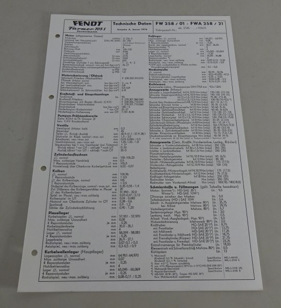 Inspektionsblatt Fendt Farmer 105 S Turbomatik Stand 01/1976